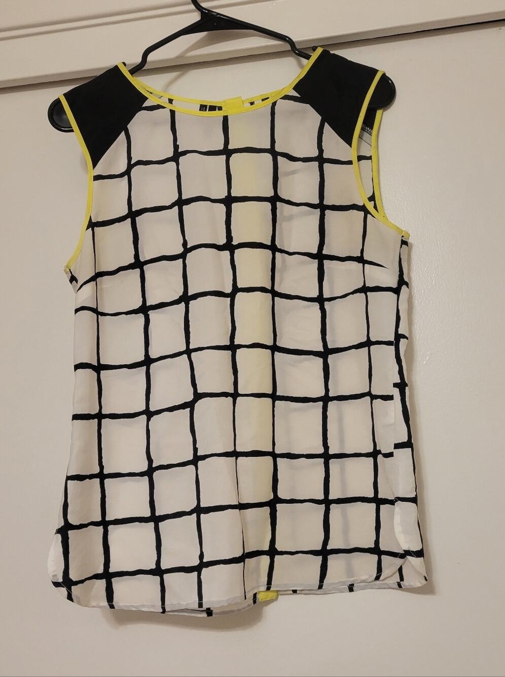 Maurices Womens M Grid Print Blouse Neon Yellow Trim Button Back Sleeveless